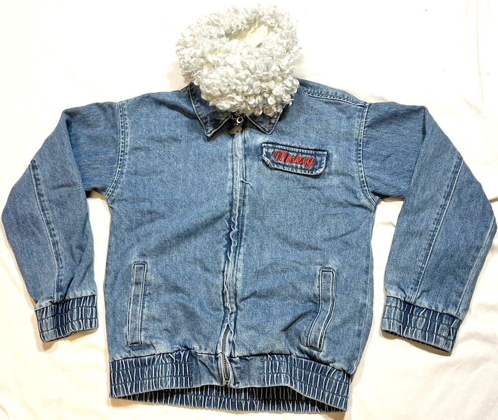 Disney Forever 21 Kids Mickey Mouse Denim Jacket Sz 9-10 Blue Sherpa Collar Zip